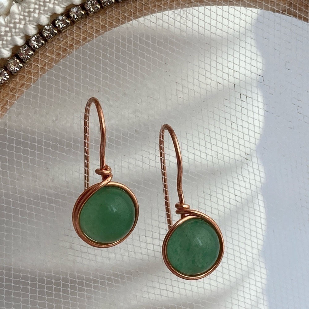 AVENTURINE and Copper Wire Wrapped Minimalist Earrings - Picture 3 of 12